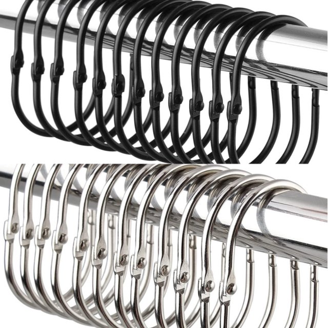 24pcs shower curtain rings made of rustproof metal, featuring a mix of black and silver oval hooks displayed on a shower rod. The hooks have a closed-loop design with a smooth, burr-free surface for easy sliding and secure curtain placement. Suitable for most shower curtain rods and versatile for other uses like binders and key rings.