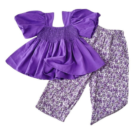 

Toddler Girls Summer Clothes Solid Purple Bubble Sleeve Ruffle Top Floral Pants Summer Girl Casual Outfits Kids Clothes