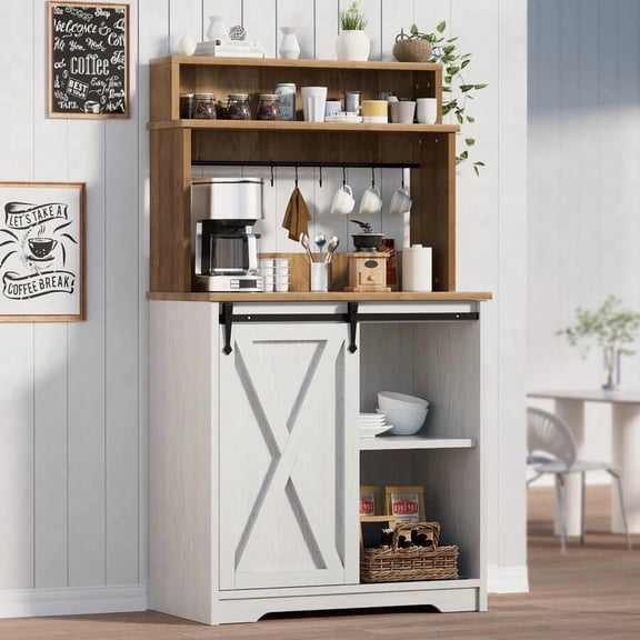 Farmhouse Coffee Bar Cabinet With 3 Tie Storage Hutch, 56 Inch Coffee Bar With 6 Hooks, White Small Coffee Station With Sliding Barn Door