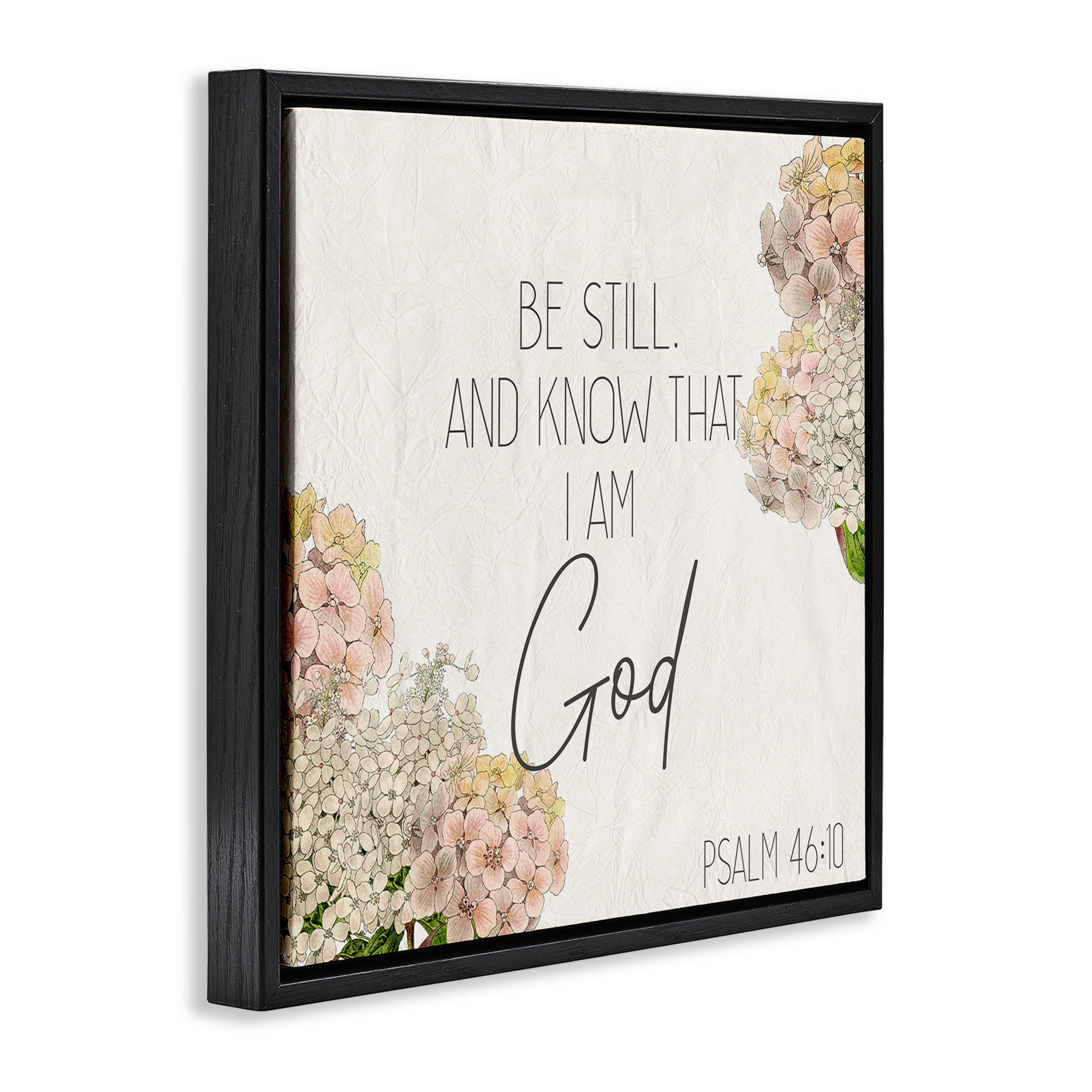 Stupell Industries Be Still Religious Flower Word Design Botanical & Floral Painting Black Floater Framed Canvas Art Print Wall Art, 18 x 18