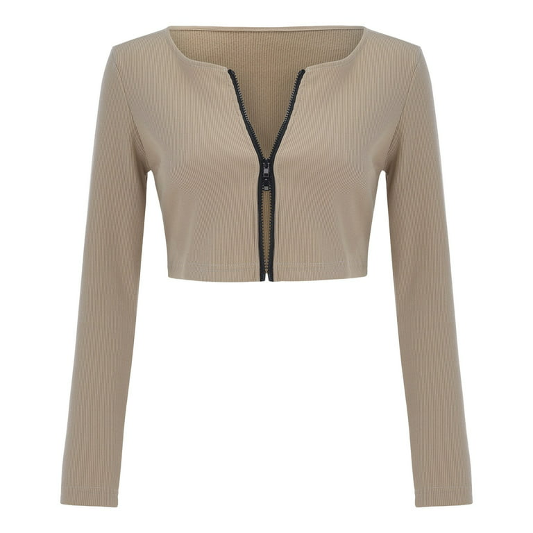 Women'S Solid Color Zipper Long Sleeve Plunging Neckline Top Slim