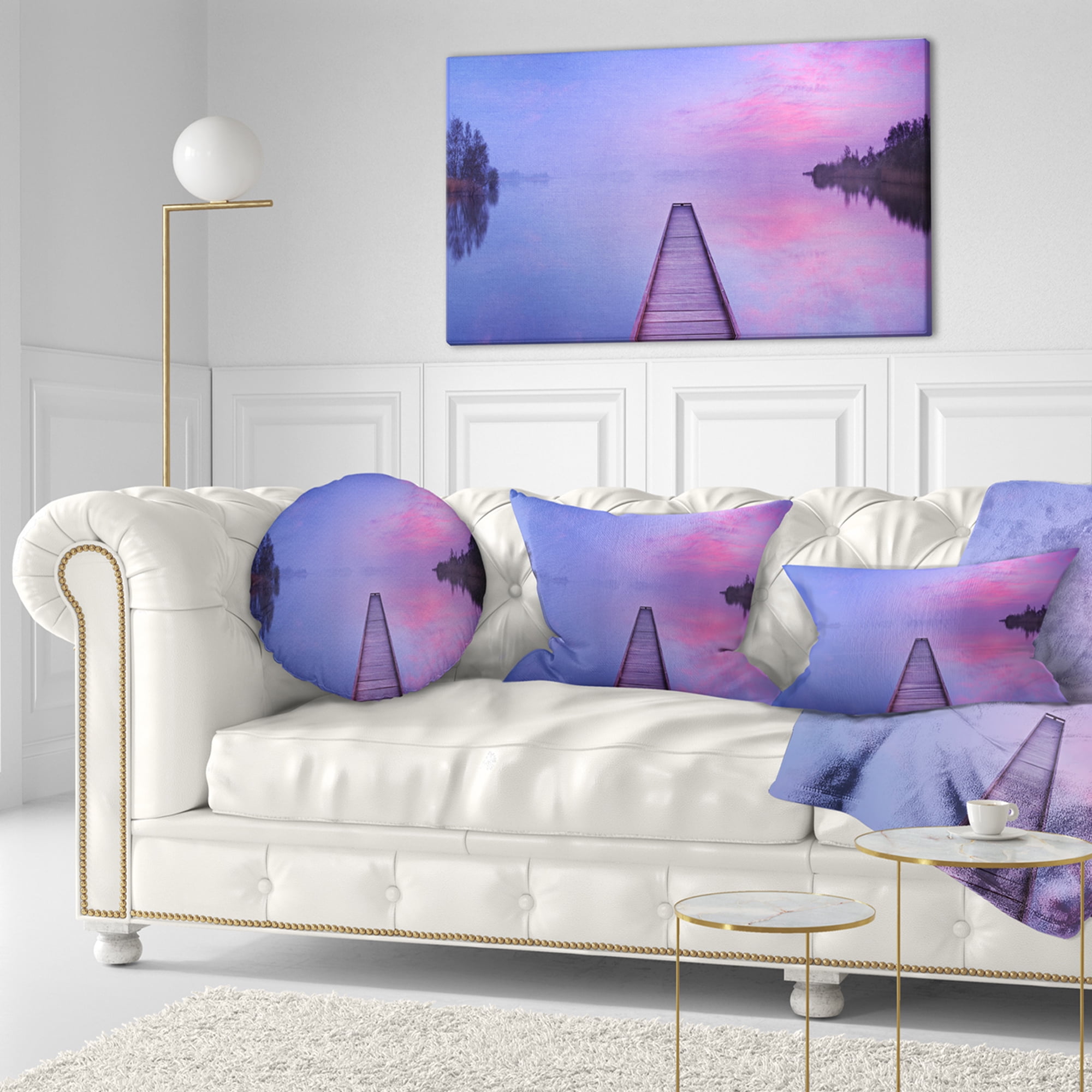 Designart Jetty in a Dawn Lake - Wooden Sea Bridge Throw Pillow - 12x20