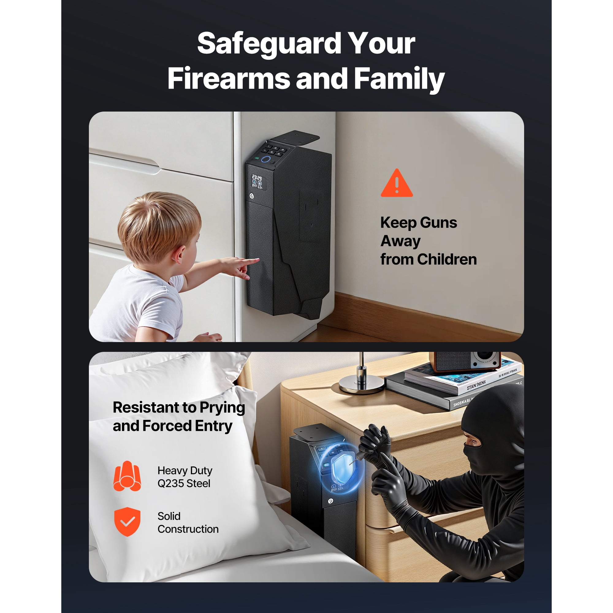 KFFKFF Secure Handgun Safe with Sliding Access, Biometric Fingerprint, Password, and Key Entry, Quick-Access Firearm Storage with LED Light for One Pistol and Magazine, Mountable for Nightstand, Desk
