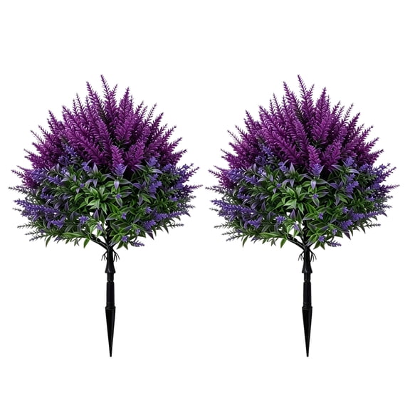 2 Pack Artificial Lavender Ground Stakes 19.69in UV Resistant Plastic Purple Flower Bushes with Pointed Rods for Garden Pathway Yard Decor