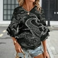 thumbnail image 3 of Black Paisley Pattern Women's V-Neck Blouse With 3/4 Ruffled Bell Sleeves Casual Top Ladies Blouses, 3 of 7