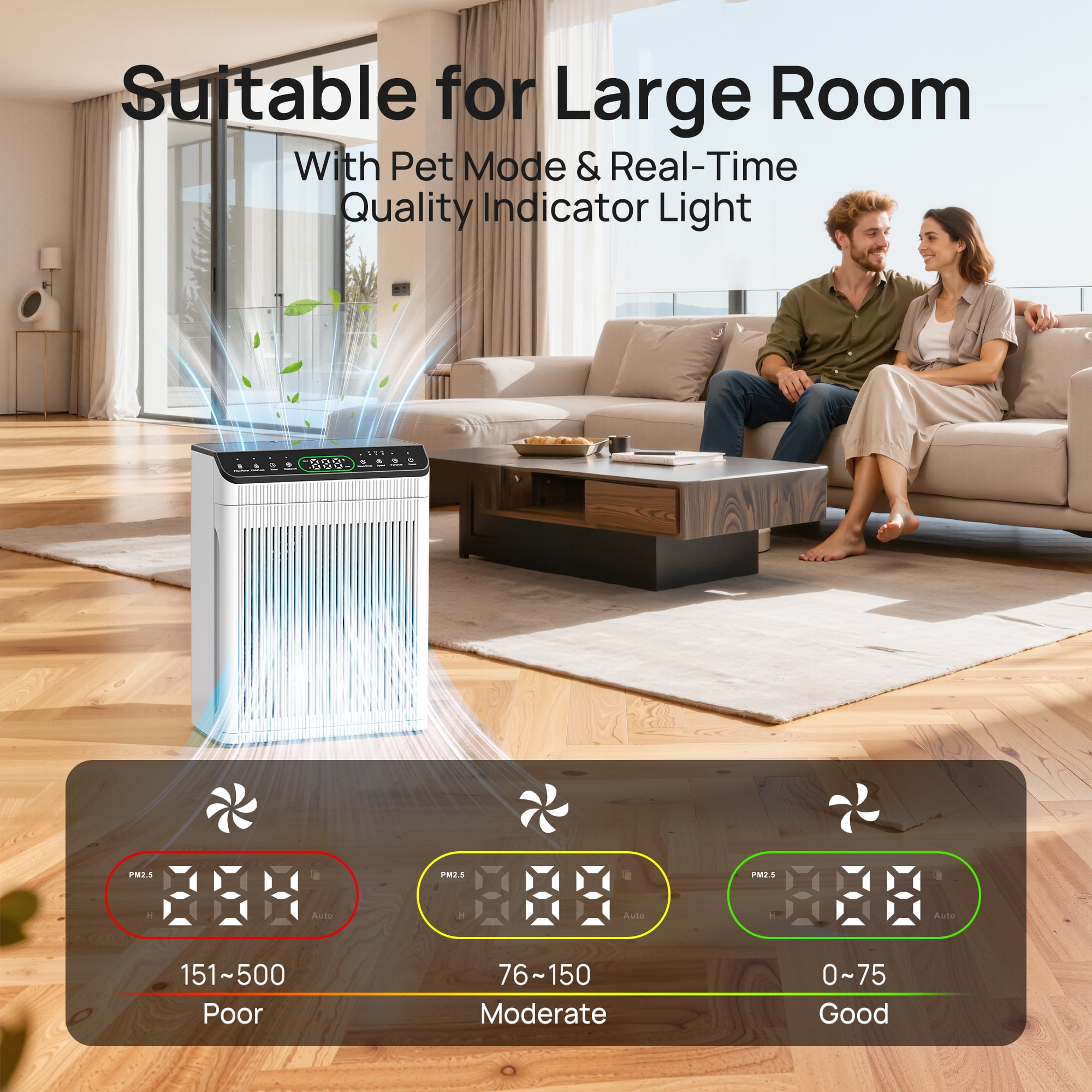 HEATDAZ Air Purifiers with Washable Pre-Filters, Air Purifier up to 2200sq.ft for Home, Bedroom Air Purify with PM 2.5 Display Air Quality Sensor