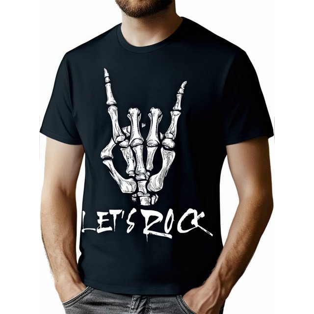 Let's Rock" T-Shirt Graphique Main Squelette - 100 % Coton, 220g, T-Shirt Noir Décontracté avec Impression Numérique Lavable en Machine, Manches Courtes, Col Rond pour Toutes les Saisons