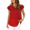 thumbnail image 5 of RYRJJ Womens Summer Cap Petal Sleeve Crewneck Tops Dressy Business Casual Work Blouses Pleated Tunic Shirts Red XL, 5 of 5