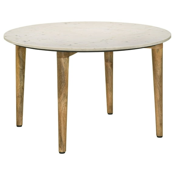 Wolu 30 Inch Coffee Table- White Marble Round Top- Natural Brown Mango Wood