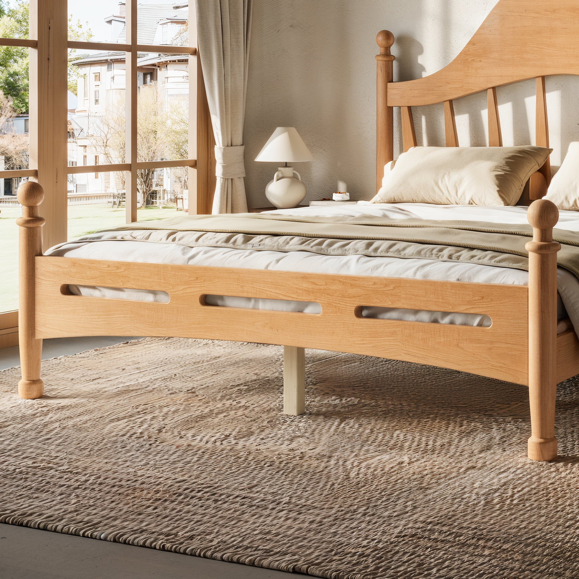 Leumius Full Size Platform Bed with Chic Headboard, Solid Wood Bed Frame with Slatted Support, Low to Ground Design for Bedroom Natural