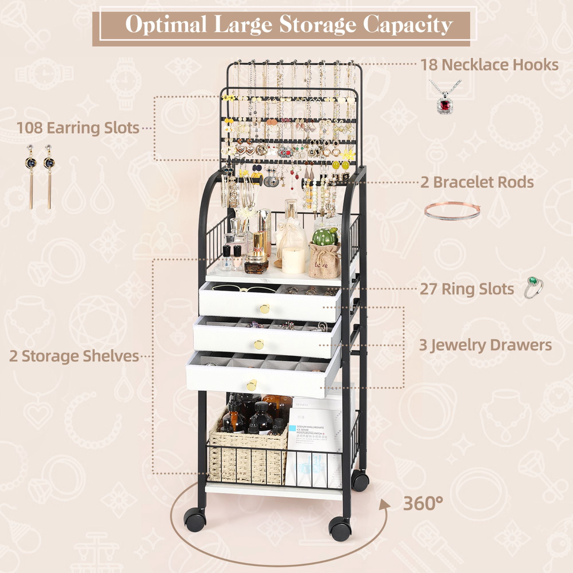 Olakee Large Jewelry Organizer Stand with 3 Drawers — for Necklace, Earring, Ring, Bracelet, Girls & Women, Modern, Black