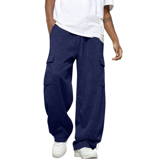 Cargo Sweatpants for Men Baggy Fleece Wide Leg Drawstring Sweatpants Big and Tall Athletic Hiking Pants with Pockets Navy M