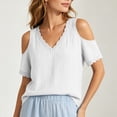 thumbnail image 6 of Sevevn Women's Cold Shoulder Lace Trim T-Shirt V Neck Cotton Blend Short Sleeve Casual Blouse Top White 2XL, 6 of 10