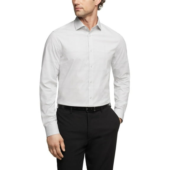 Calvin Klein Steel Plus, Men's Slim Fit Dress Shirt Plaid Grey-17.5 34/35