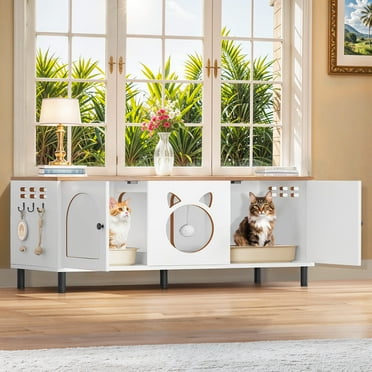 ModFusion White and Brown Wooden Pet Furniture - Cat Litter Enclosure and Side Table