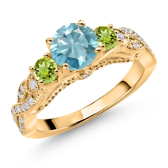 Gem Stone King 18K Yellow Gold Plated Silver Blue Zircon Green Peridot and White Moissanite Engagement Ring for Women (1.71 Cttw, Gemstone December Birthstone, Round 6MM and 3MM, Size 8)