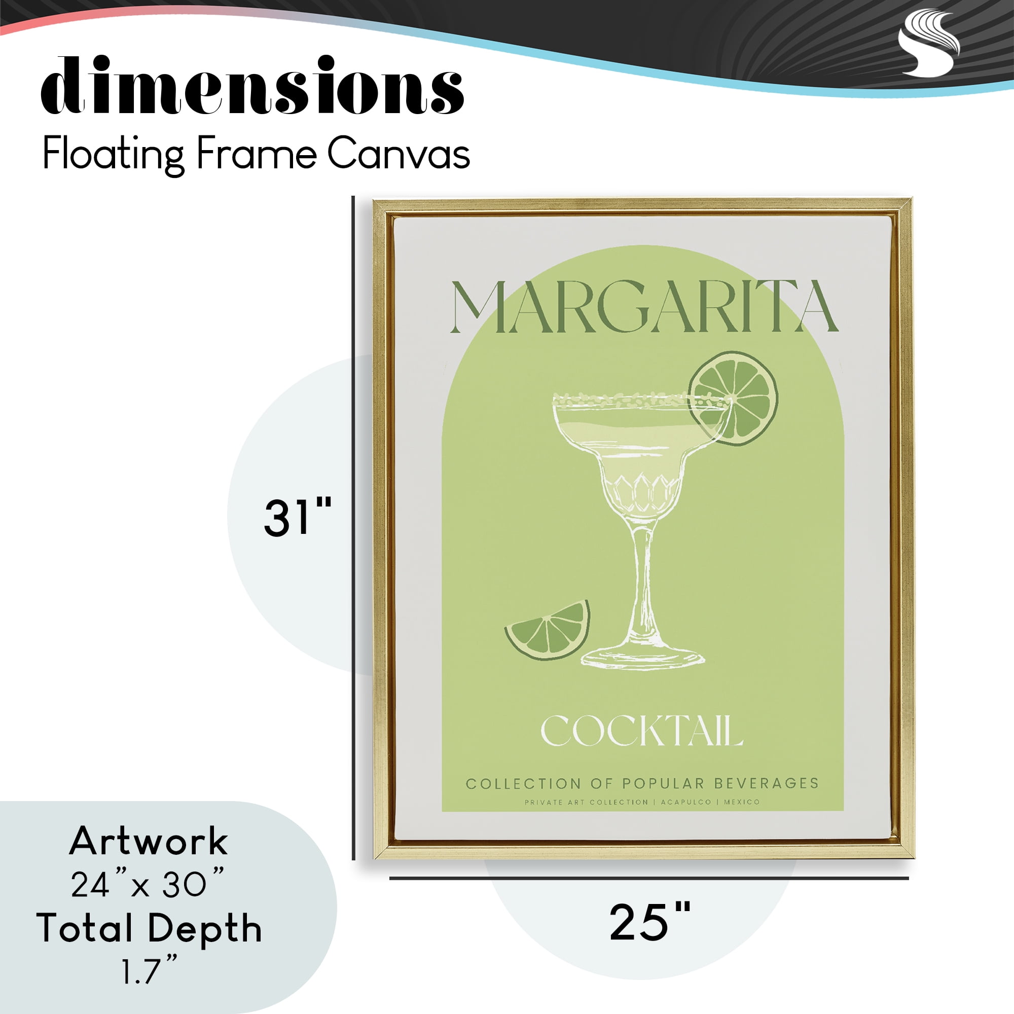 Stylish Retro Margarita Gold Framed Floater Canvas Wall Art, design by Lil' Rue