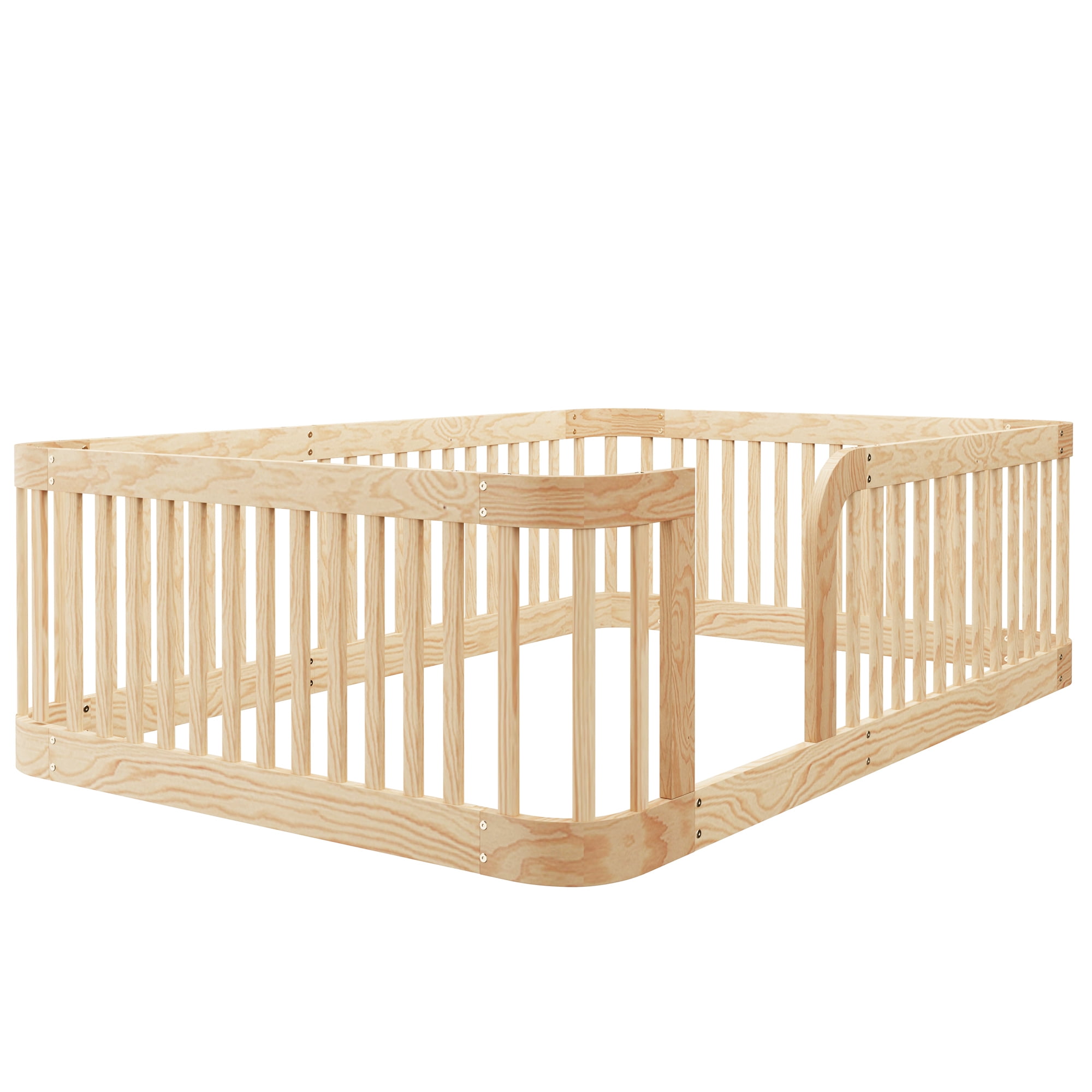 Euroco Full Size Floor Bed with Fence for Kids Teens and Toddlers, Natural