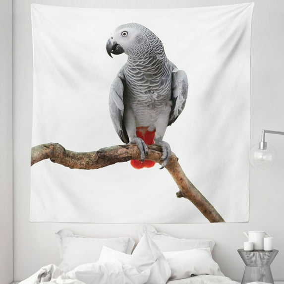Grey Tapestry, Parrot Bird Psittacus Erithacus Standing on a Branch Tropical Nature Wildlife, Fabric Wall Hanging Decor for Bedroom Living Room Dorm, 5 Sizes, Multicolor, by Ambesonne