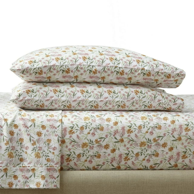 Better Homes & Gardens 300 Thread Count Cotton Sateen Bed Sheet Set, Bashful Blooms Warm, 4-Piece, King