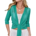 thumbnail image 2 of AHMOMEI Women’s Shimmer Sheer Mesh Tie-Front Shrug, 3/4 Sleeve Open Front Cropped Cover Up, Lightweight Knit Cardigan for Summer Green S, 2 of 6