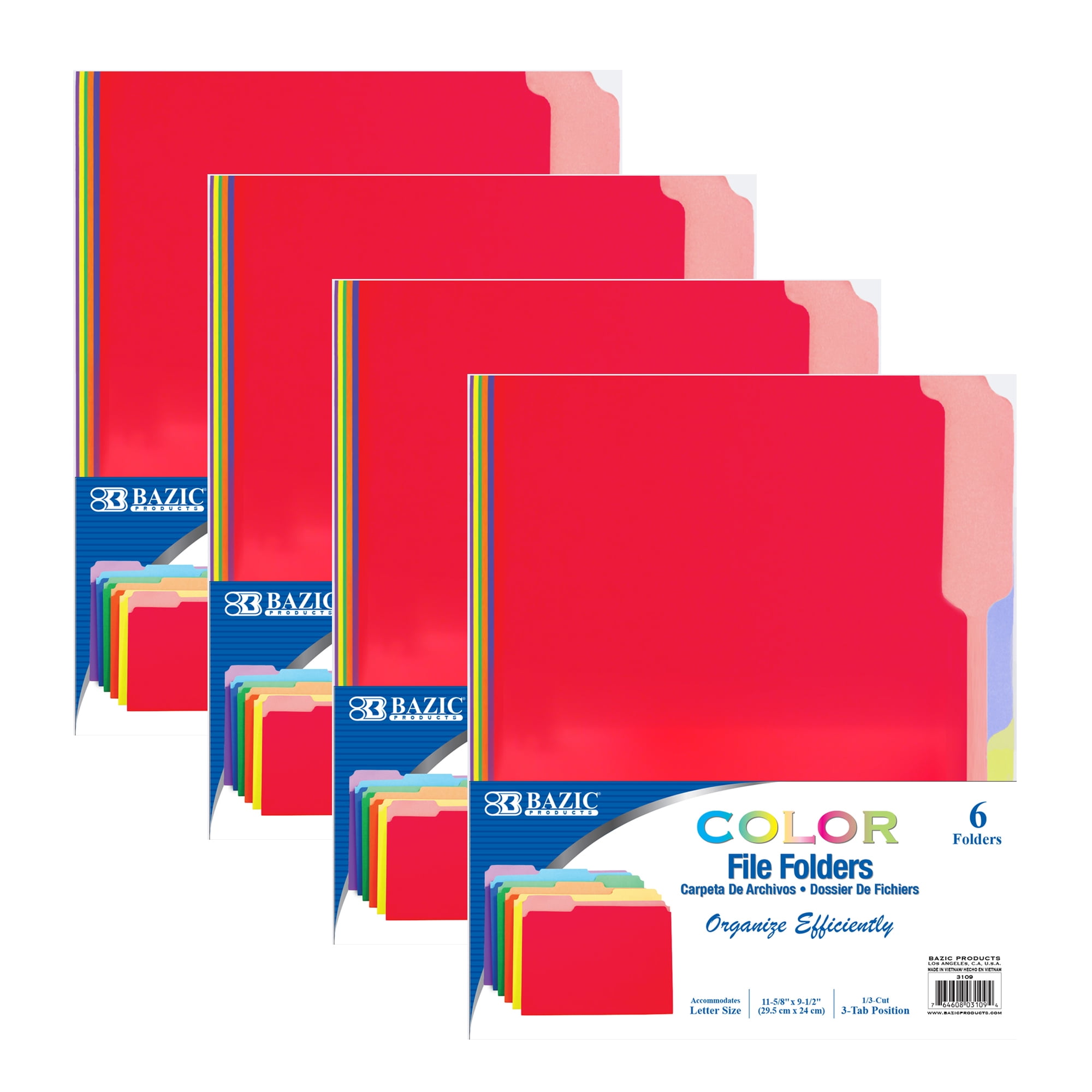 BAZIC Manila File Folder 1/3 Cut Letter Size, Assorted Color, Total 24