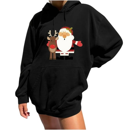 

Hoodies Womens Casual Full Sleeve Drawstring Loose Fit Pullover Shirt Santa Funny Print Hooded Sweater