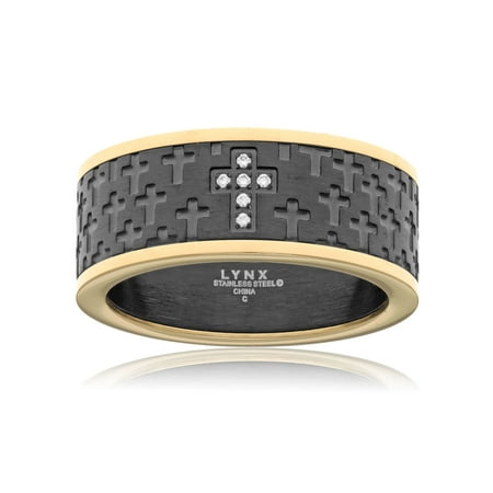 Cubic Zirconia Cross Ring for Men in Stainless Steel with Black and Gold Ion Plating 9 mm Wide Size 10 by Metro Jewelry