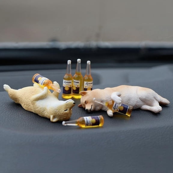 Car Accessories Lying Bulldog & Shiba Dog Resin Figurine Set - Cute Drunk Puppy Car Dashboard Decor, Unique Personality Vehicle Interior Ornament