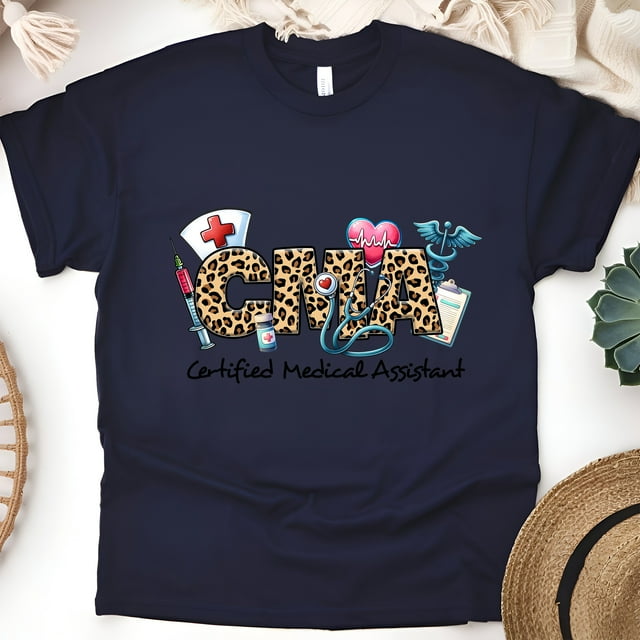 CMA Leopard Print Graphic T-Shirt, Certified Medical Assistant Tee, Navy, Size S