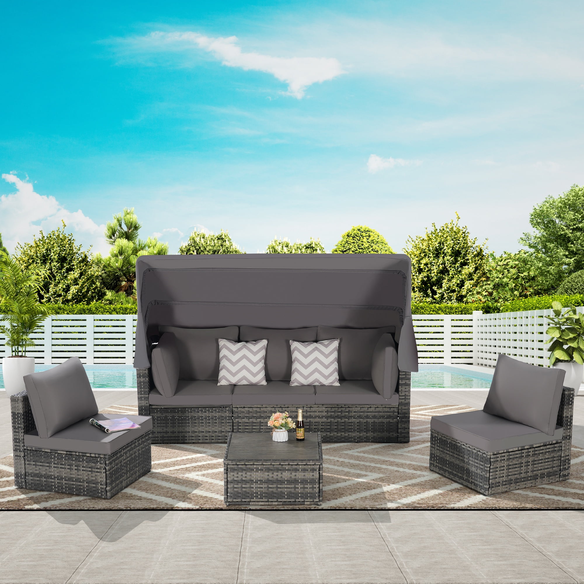 Seizeen 5-Piece Outdoor Daybed, Rattan Sectional Sofa Set with Retractable Canopy, Patio Sectional Bed with Side Table, Outdoor Sunbed for Backyard Porch Pool with Cushions, Adjustable Daybed