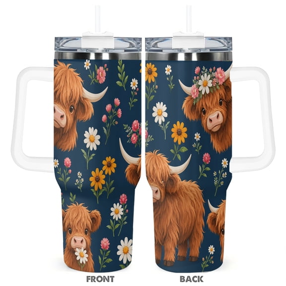 Cute Flower Highland Cow 40oz Travel Tumbler With Handle Lid And Straw For Water Iced Tea Or Coffee