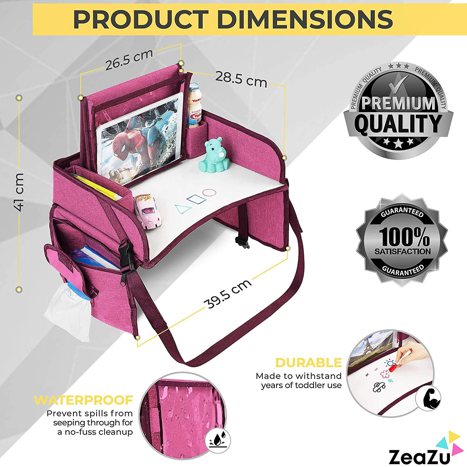 Kids Travel Tray with Bag - Toddler Car Seat Tray, Foldable Lap Travel Table Desk with iPad Holder, Drawing Board, Storage Pocket Organizer for Child Road Trip, Car Stroller, Airplane - Pink