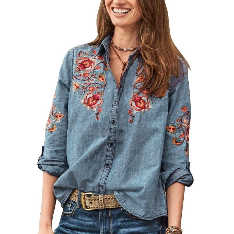 embroidered denim blouse