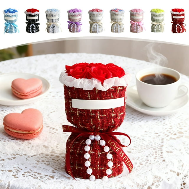 1Pcs Rose Simulation Flowers Mini Ramo de material plástico en tela azul texturizada envoltura con adornos para San Valentín Regalo para enviar a la novia 5.91x3.94x3.94" JASKFLY
