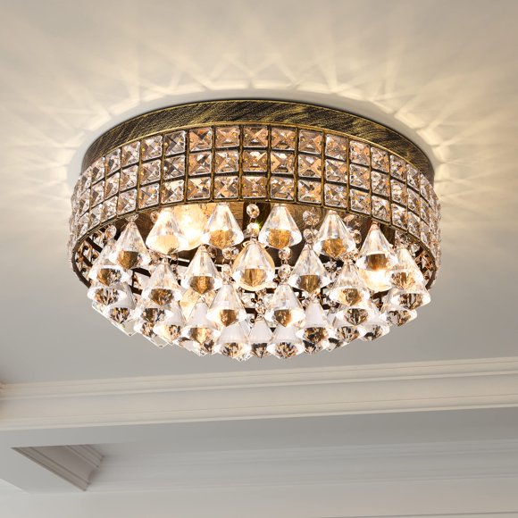 Maxax 4 Lights Crystal Chandelier, Modern Drum Ceiling Light Fixture Lamp, Raindrop Flush Mount Round Metal Shade, for Dining Room, Living Room, Bathroom, Bedroom, Bronze