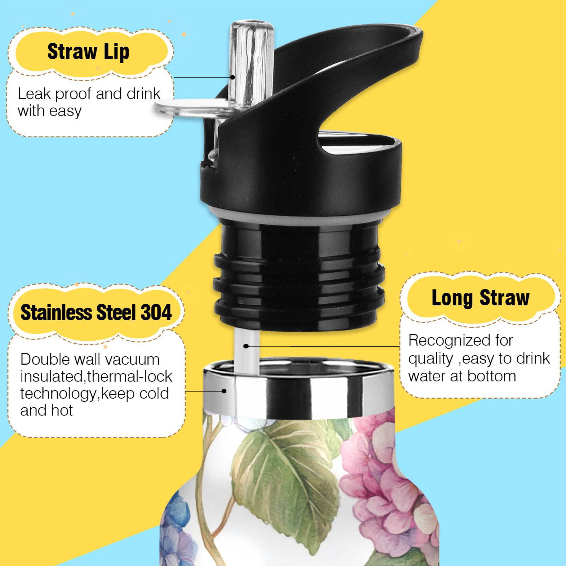 600ML Stainless Steel Insulated Cup Sports Water Bottle Portable Thermos Cup Water Glasses Insulated Tumblers Convenient and Durable Beautiful Hydrangeas