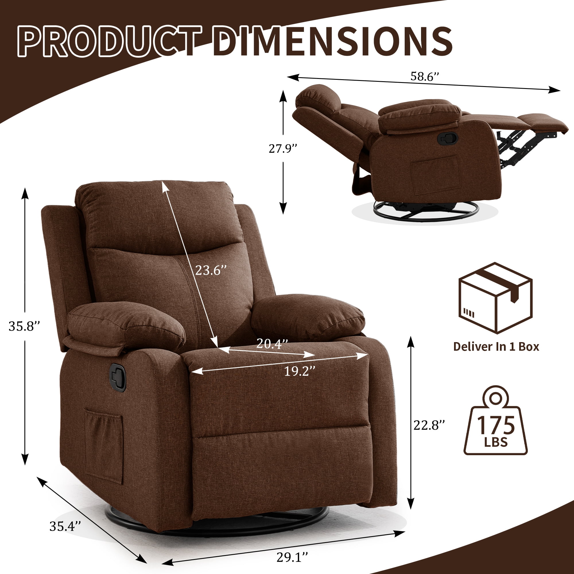 GEEYOO Manual Swivel Rocker Recliner Chair with Side Pockets,Small Recliner Chair for Small Spaces,Upholstered Linen Fabric Glider Nursery Chair for Living Room,Brown
