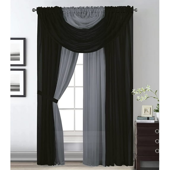Sapphire Home Complete Window Sheer Curtain Panel Set with 4 Attached Panels 55x63 Each and 2 Valances with Beads and 2 Tiebacks -Easy Installation- Multicolor 63" Black and Gray
