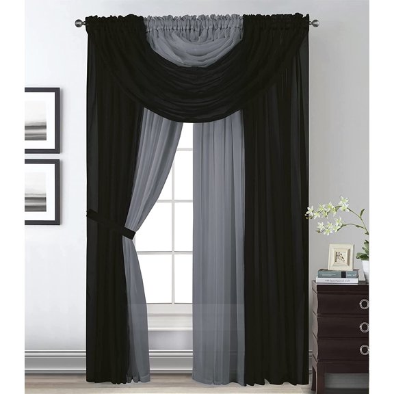 Sapphire Home Complete Window Sheer Curtain Panel Set with 4 Attached Panels 55x63 Each and 2 Valances with Beads and 2 Tiebacks -Easy Installation- Multicolor 63" Black and Gray