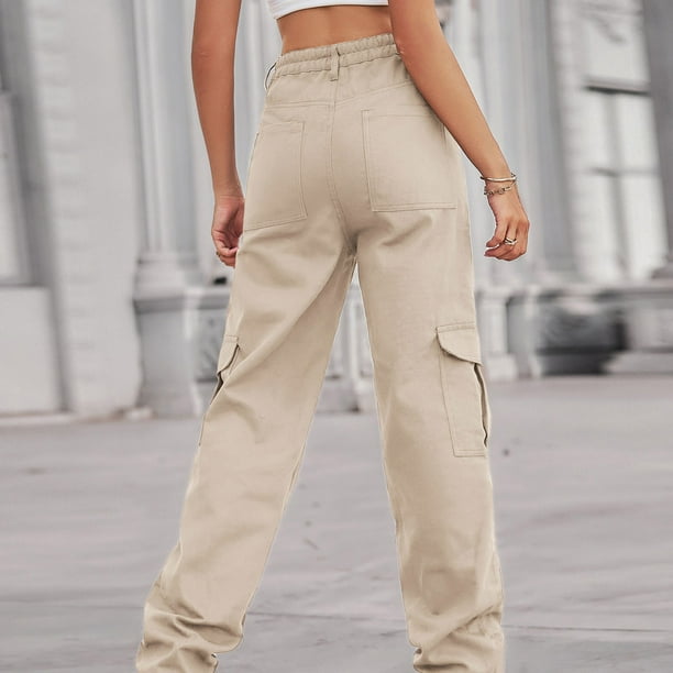 Womens Denim Cargo Pants with Multi Pockets High Waisted Straight Leg Solid  Jeans Streetwear Jean Cargos