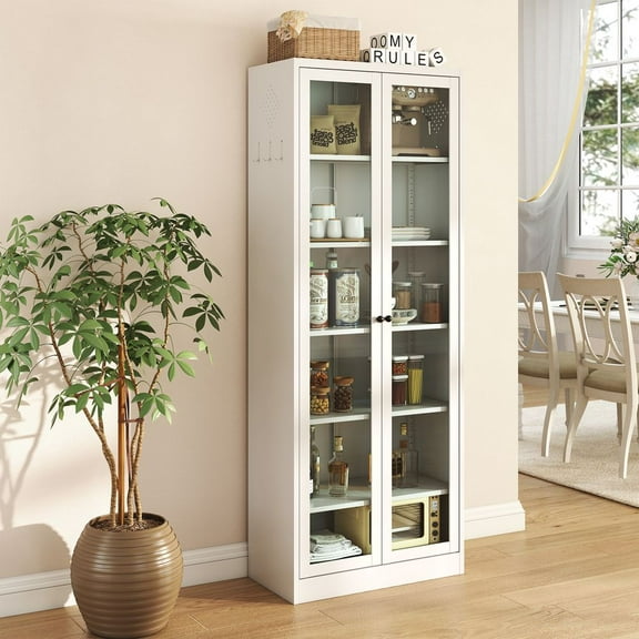 WARMMUSE Metal Display Cabinet with Glass Doors, 72" Tall Curio Cabinet with Adjustable Shelves, Freestanding Bookcase Storage Cabinet for Kitchen, Pantry, Bathroom