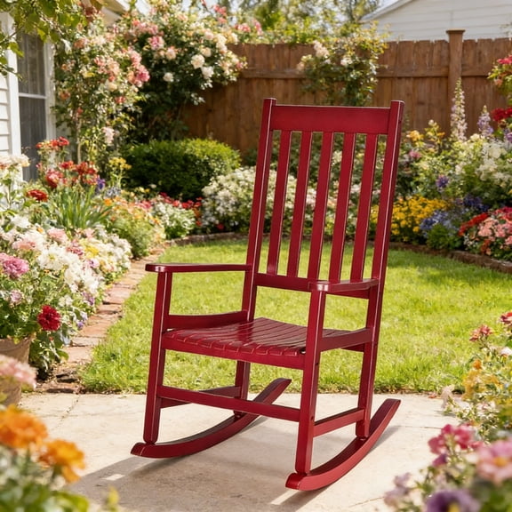 Ktaxon Solid Poplar Wood Rocking Chair, High Back Ergonomic Patio Rocker for Lawn Porch Garden Indoor Outdoor, Angora Red