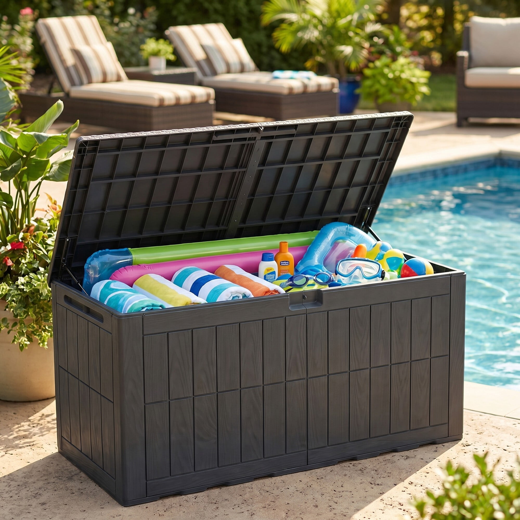 Uforic 134 Gallon Waterproof Outdoor Storage Box with Lock, Resin Deck Box with Hydraulic Support, Weatherproof Storage Bin for Patio Cushions Garden Tools Pool Supplies, Dark Gray