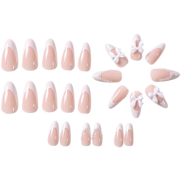 24 Pcs False Nails Short Pink Press on Nails with Bow Pearl, Pretty French Stick on Nails for Women, Glossy Fake Nails for Nails Art