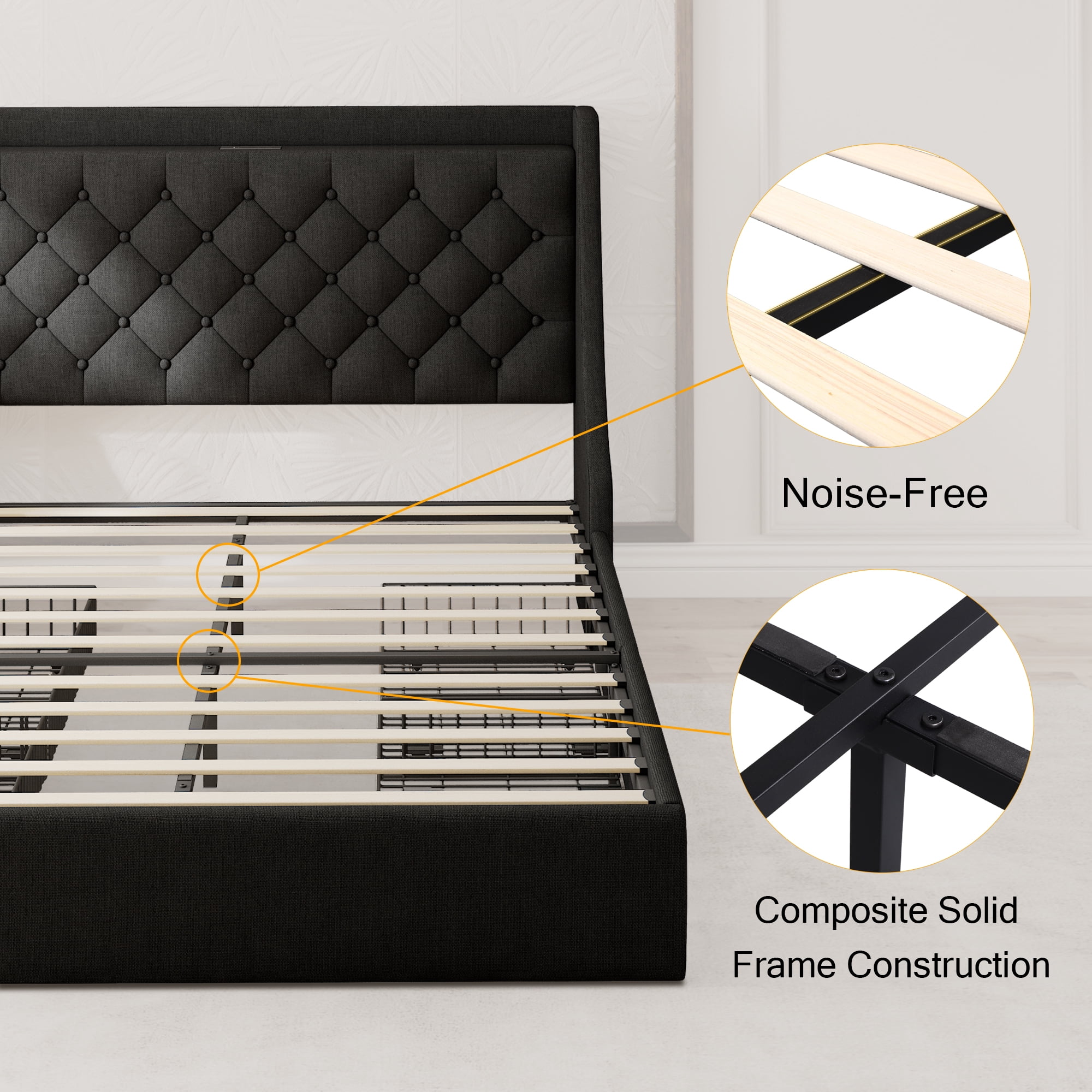 Honfach King Bed Frame with 4 Storage Drawers, Upholstered Platform Bed Frame with Type-C & USB Ports, Wingback Storage Headboard,Black