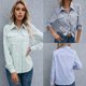 thumbnail image 3 of Blusa a rayas de manga larga para mujer, bolsillos con botones, camisa casual vintage con puños Abanopi Azul/Medio, 3 of 7