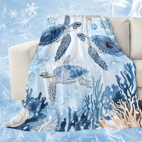 Blue Beach Coastal Cooling Blanket, Lightweight Breathable Summer Throw Blanket with Double Sided Cold Effect, Coral Nautical Sea Turtle Picnic Beach Blankets Bed Sheet for Hot Sleepers 40"x60"