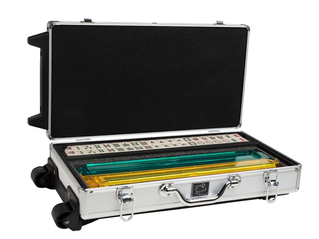 White Swan American Mahjong Set in Wheeled Silver Case - Ivory Tiles - Modern Pushers