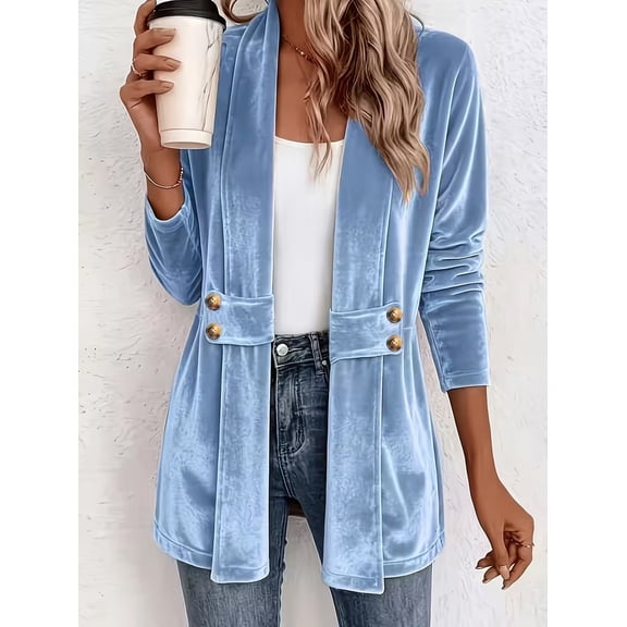 Women's Velvet Open-Front Cardigan, Shawl Collar Long Sleeve Mid-Length Drape Jacket with Button Detail